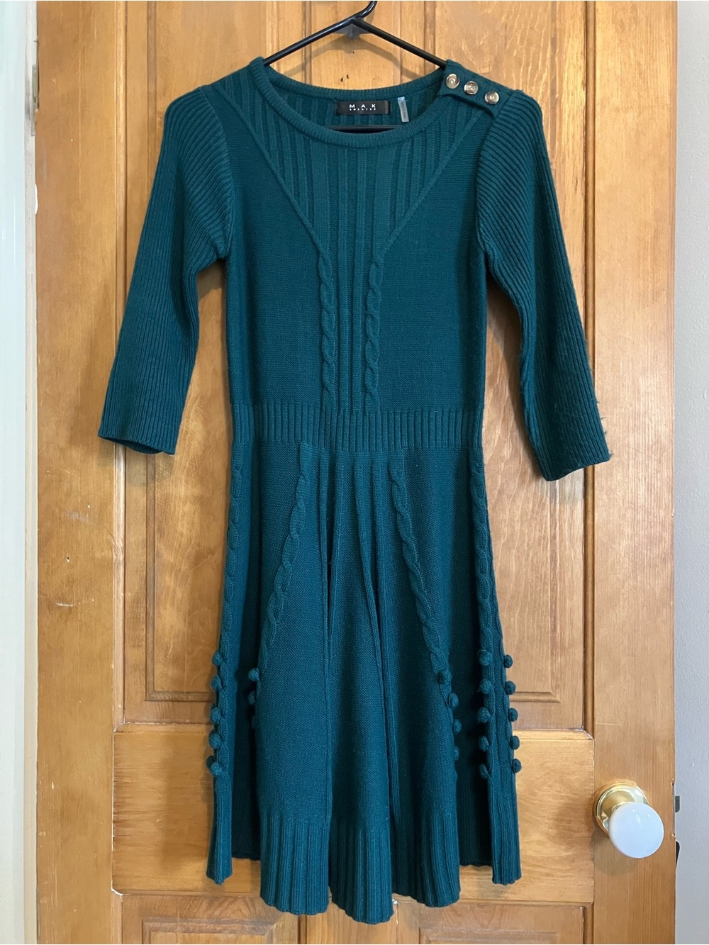 MAK Teal Cable-Knit 3/4 Sleeve Sweater Dress